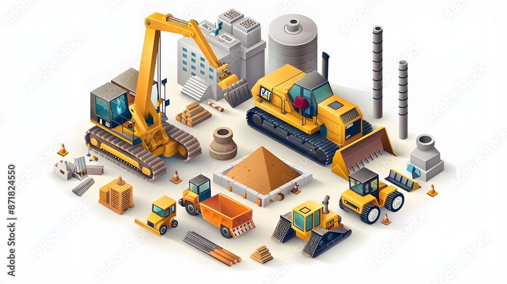 Construction bulldozer and factory isometric style icon design of remodeling working and repairing theme. Construction bulldozer and factory isometric style icon design of remodeling working and repairing theme.