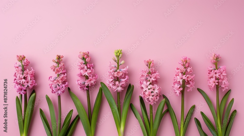 Naklejka premium Pink hyacinths on pink background with text space Overhead view flat lay
