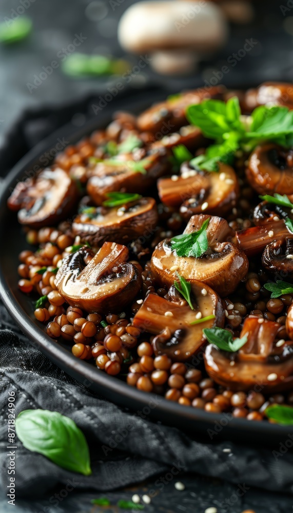Detailed view of a dish with buckwheat, assorted mushrooms, and leafy vegetables Detailed view of a dish with buckwheat, assorted mushrooms, and leafy vegetables