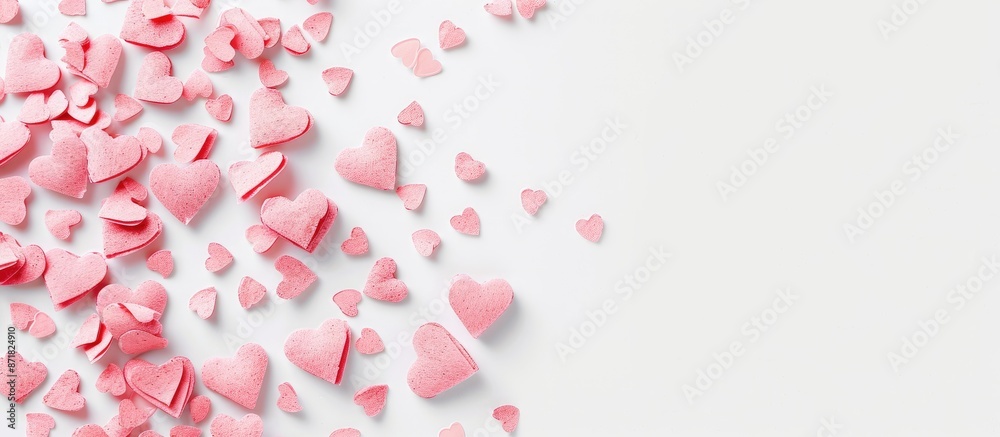 A Studio-shot image featuring pink hearts on a white background with ample copy space image for text or designs.