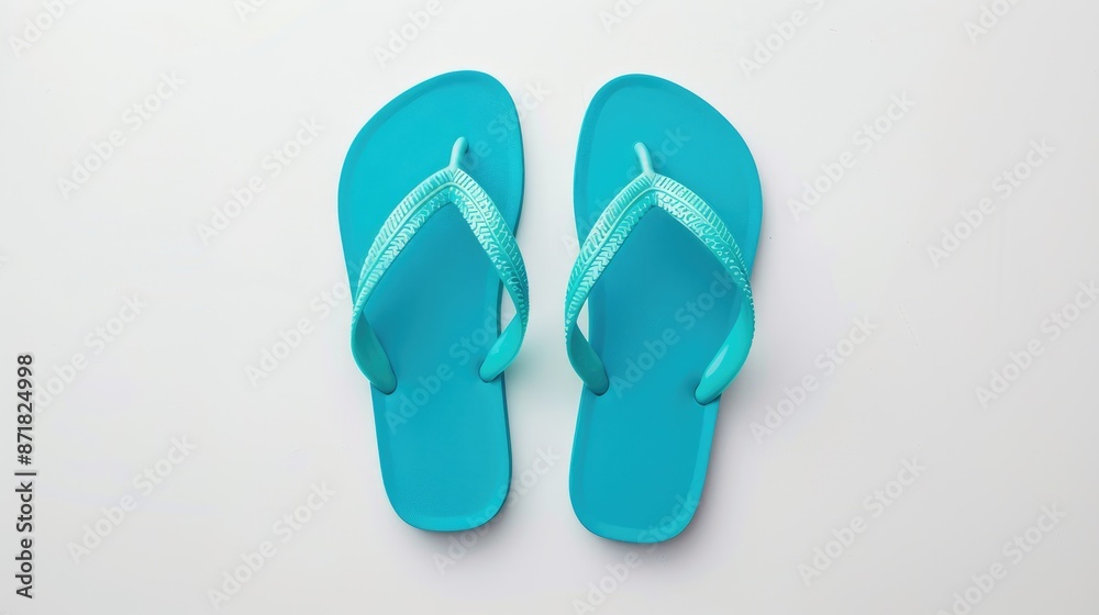 Turquoise rubber flip flops for women on white background top view Turquoise rubber flip flops for women on white background top view