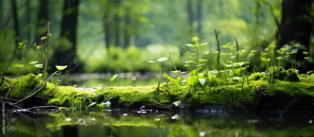 Scenic view featuring dense green vegetation, moss, and grass in a swamp setting, with a blurred background ideal for a copy space image. Scenic view featuring dense green vegetation, moss, and grass in a swamp setting, with a blurred background ideal for a copy space image.