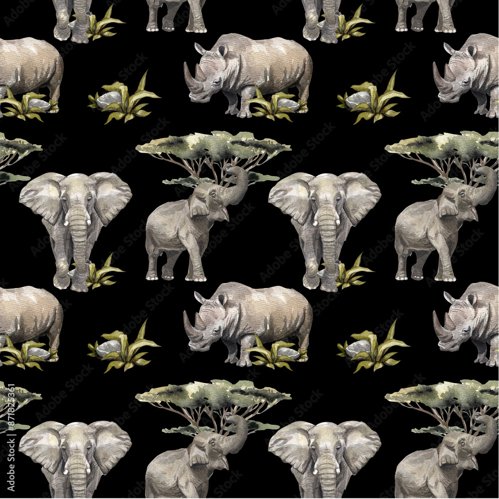 Seamless pattern with the image of wild Animals of Africa on a black ...