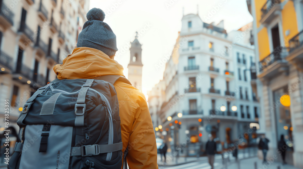 6 Backpacker exploring a vibrant city street, last-minute vacation, urban adventure