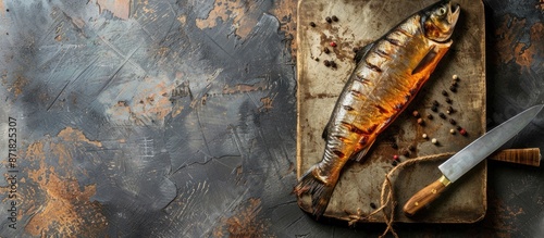 A smoked fish is on the kitchen board next to a kitchen knife with plenty of copy space image. photo