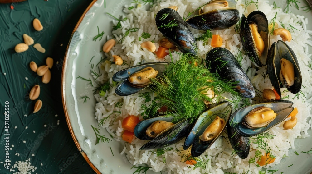 White rice dill and mussels on a plate Vegetable salad with rice on green background Asian cuisine from above White rice dill and mussels on a plate Vegetable salad with rice on green background Asian cuisine from above