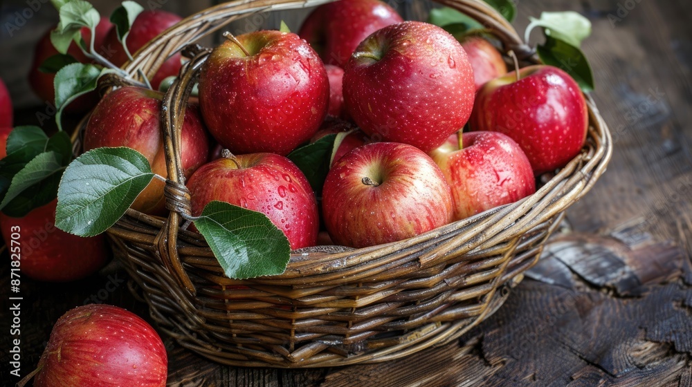 Symbolic image of apples in a basket for healthy nutrition on wooden background Symbolic image of apples in a basket for healthy nutrition on wooden background