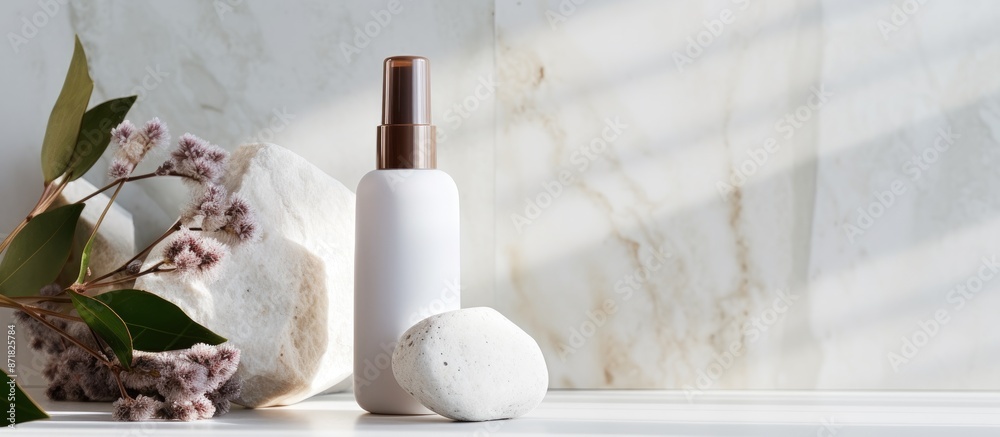 Close-up image featuring a Dermaroller with natural stone, serum, and anti-aging face cream in the beauty industry, with copy space available for text or graphics.
