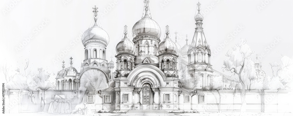 Obraz premium An architectural sketch of a traditional Russian orthodox church, with onion domes, ornate facades, and intricate iconography. The white background highlights the cultural and spiritual significance