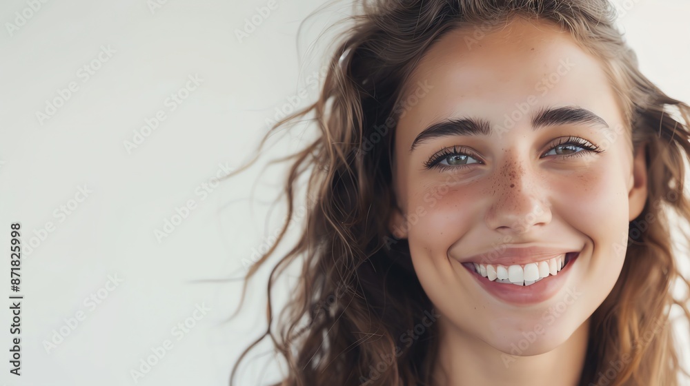 A woman with long brown hair and freckles smiles broadly at the camera. A woman with long brown hair and freckles smiles broadly at the camera.