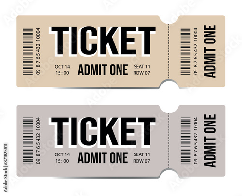 Modern ticket design. Realistic ticket. Admit one. Сasino, concert, game, party, event, festival.