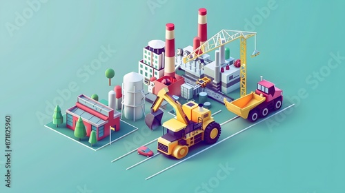 Construction bulldozer and factory isometric style icon design of remodeling working and repairing theme.  © Farid