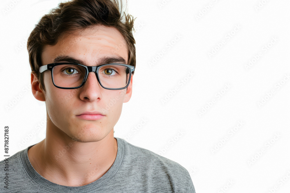 Close up, Intense gaze of young Caucasian man with nerd fashion, isolated on white background Close up, Intense gaze of young Caucasian man with nerd fashion, isolated on white background