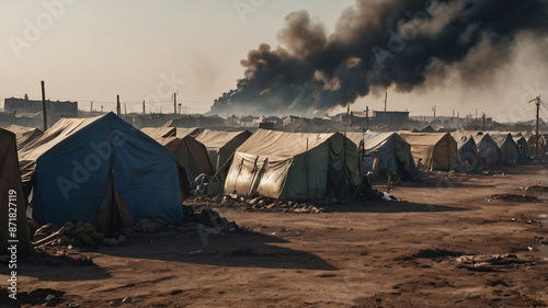 Refugees camp. Smog, air pollution, garbage and poverty, Ecologic catastrophe environment concept