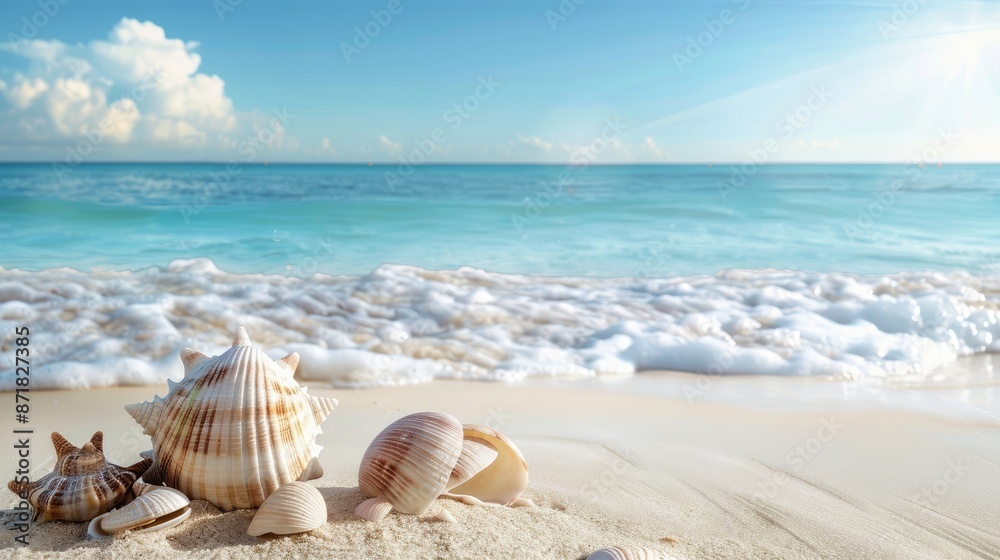 A serene beach with seashells and ample space for text. A serene beach with seashells and ample space for text.