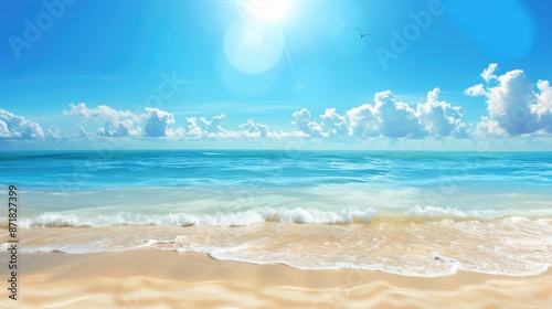 A sunny beach scene with clear blue water and an empty stretch of sand, space for text in the sky