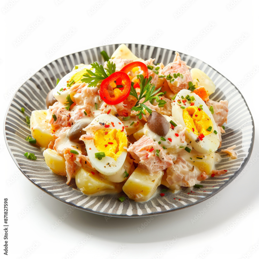 A serving of Spanish ensaladilla rusa, potato salad with tuna, boiled eggs, olives, and mayonnaise, garnished with red peppers, isolated on white background. A serving of Spanish ensaladilla rusa, potato salad with tuna, boiled eggs, olives, and mayonnaise, garnished with red peppers, isolated on white background.