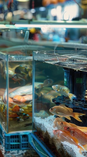 The background is a seafood market selling fish, fresh fish, fish market tanks, inside the oxygen pump with oxygen, in front of a countertop above an oxygenator, is working photo