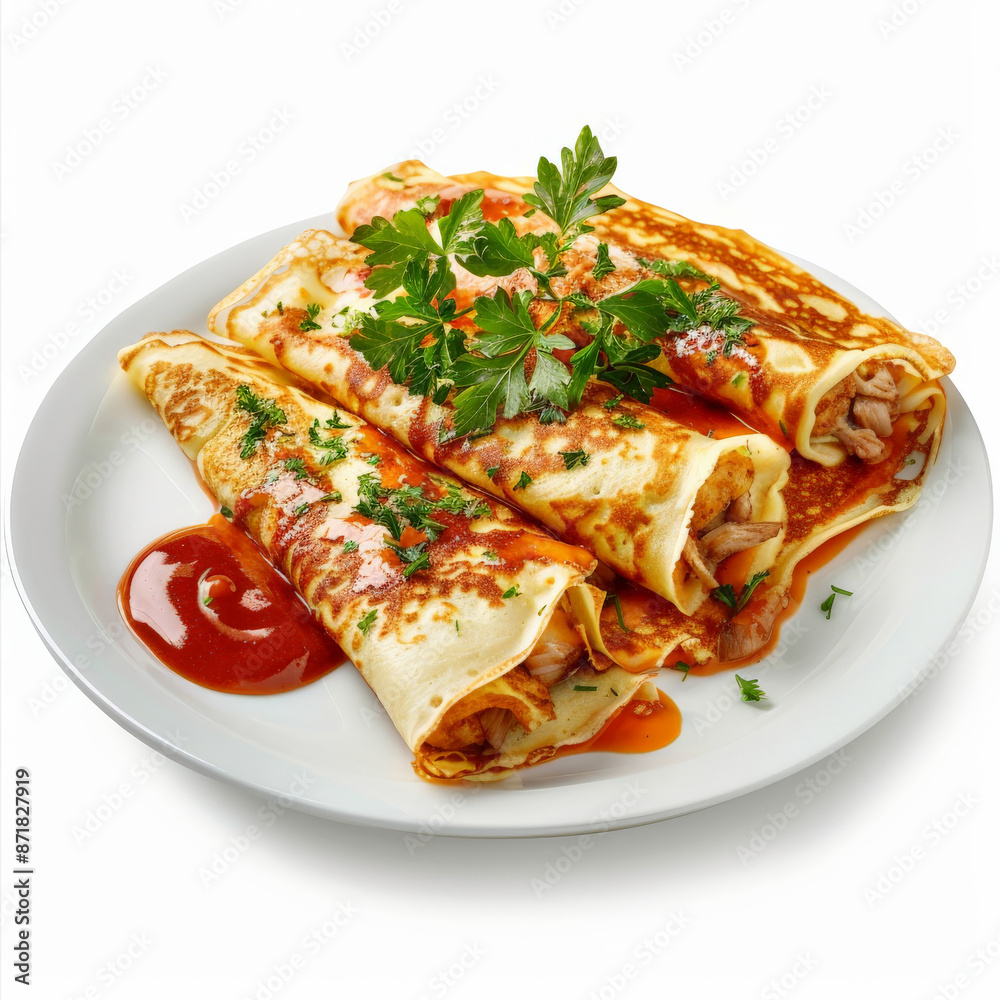 A serving of Hungarian hortobágyi palacsinta, crepes filled with savory meat and topped with paprika sauce, garnished with fresh parsley, isolated on white background. A serving of Hungarian hortobágyi palacsinta, crepes filled with savory meat and topped with paprika sauce, garnished with fresh parsley, isolated on white background.