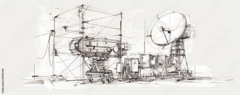 Obraz premium A technical sketch of a ground radar system, showcasing its antenna array, control unit, and power supply. The white background highlights the radar's precision and technological advancements.
