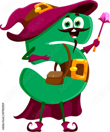 Cartoon halloween math number five mage character. Mathematics number cute sorcerer personage, kids education digit warlock or 5 numeric symbol Halloween wizard vector happy mascot with magic wand