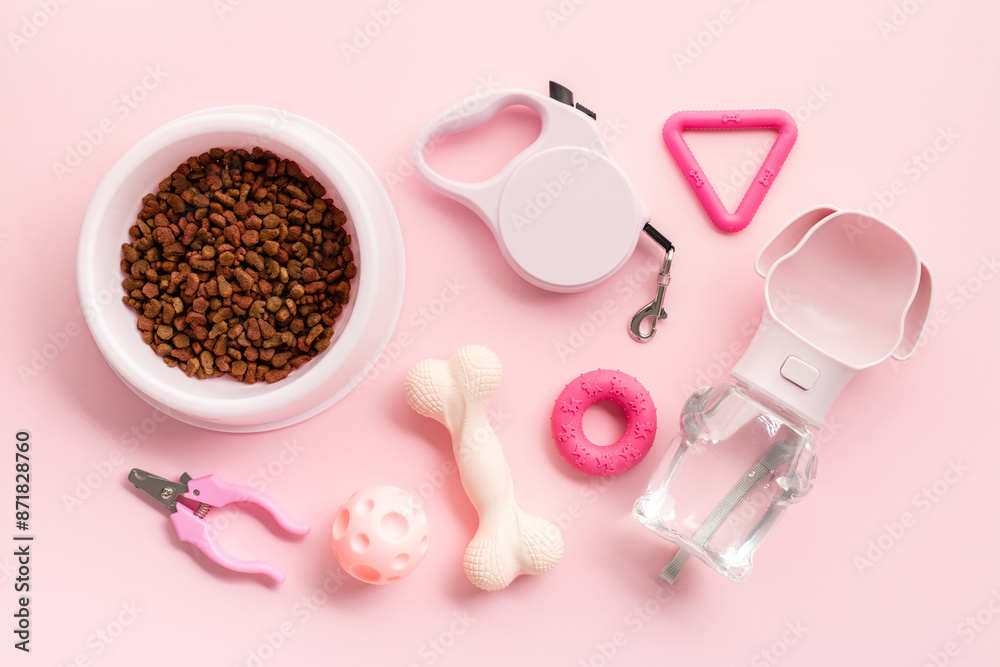 Pet care accessories, bowl of dry food, bone, playful toys, grooming tools on pink background. Flat lay, top view. Pet care accessories, bowl of dry food, bone, playful toys, grooming tools on pink background. Flat lay, top view.