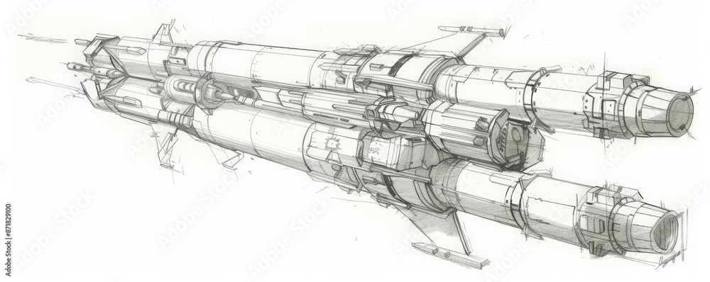 Obraz premium A technical sketch of a rocket launcher, highlighting the launch tube, targeting systems, and stabilization features. The white background emphasizes the precision and power of the weapon.