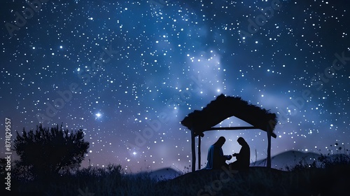 Nativity, manger holy mary baby jesus and joseph night moon. 