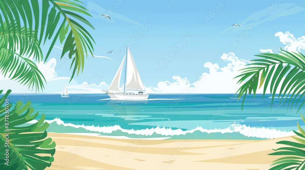 Obraz premium A tropical beach scene with a sailboat on the horizon, ample space for text
