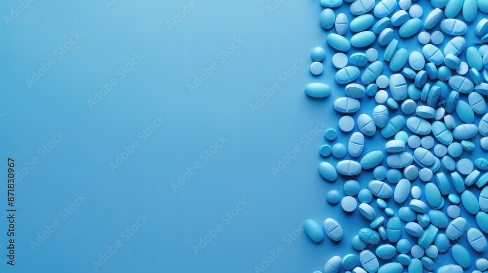 Blue pills on blue background with space for text Blue pills on blue background with space for text