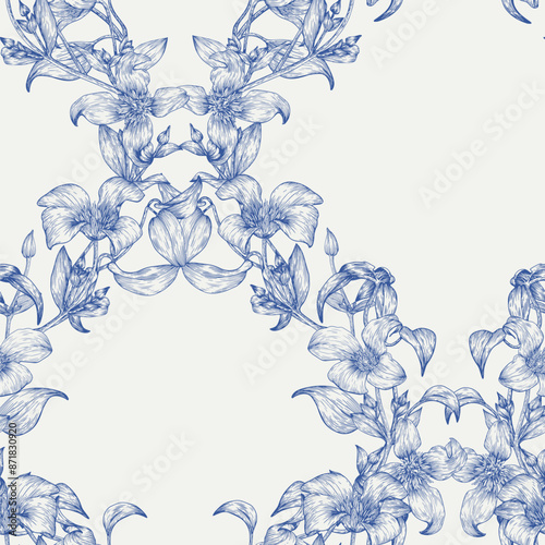 Toile art Floral vector vintage seamless pattern square cell ornament. Elegant flowers of Clematis blue on a beige. Hand drawn background.Monochrome. Textiles, paper, wallpaper decoration