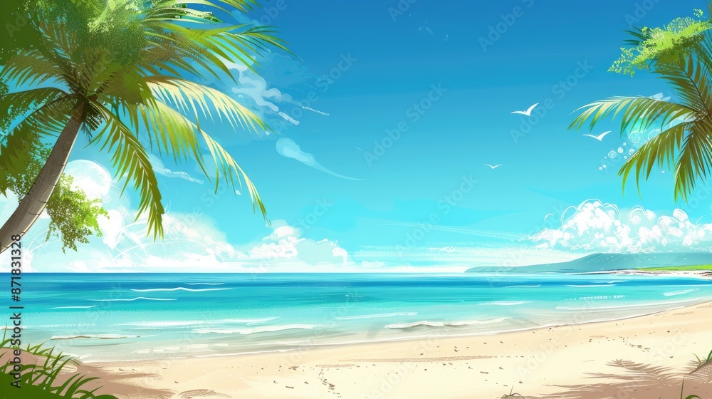 Fototapeta premium A tropical beach with a clear blue sky and ample space for text.