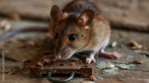 The mouse was unfortunate to be trapped in a mouse trap. Mice cause a lot of damage to agricultural and household storage by eating grains and vegetables. photo