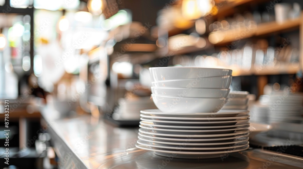Clean dishes at a restaurant bar counter with selective focus and copy space Clean dishes at a restaurant bar counter with selective focus and copy space