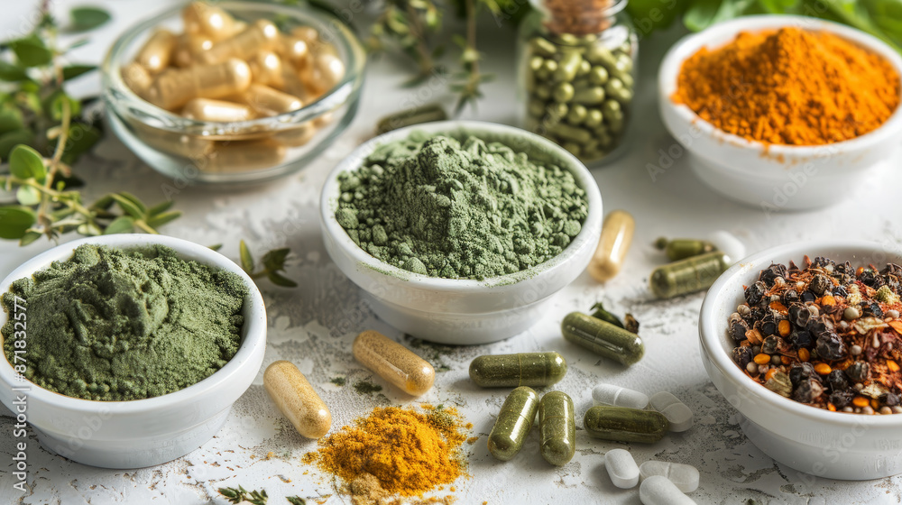 Variety of herbs and spices aid digestion with natural remedies and supplements. Many powders and capsules contain essential vitamins. Variety of herbs and spices aid digestion with natural remedies and supplements. Many powders and capsules contain essential vitamins.