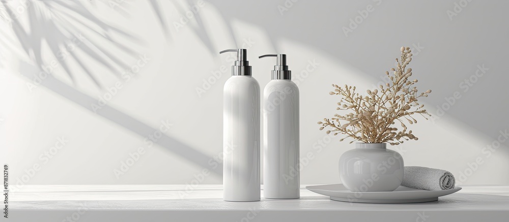 Mock-up a design by placing two white cosmetic bottles like shampoo, body lotion, or perfume on a white background with copy space image. Mock-up a design by placing two white cosmetic bottles like shampoo, body lotion, or perfume on a white background with copy space image.