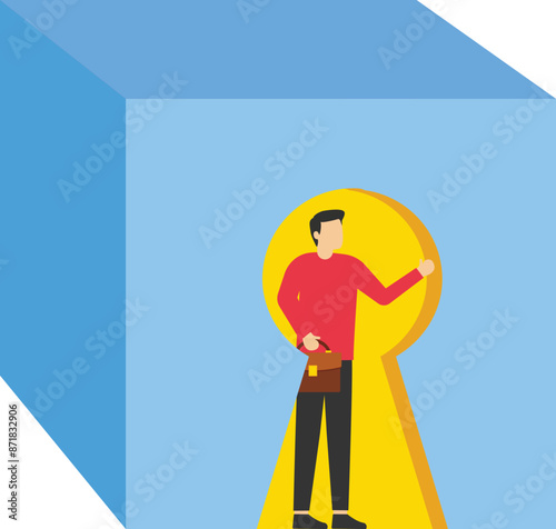 Businessman looking out of giant keyhole with curiosity. problem solution and secret discovery, step out of comfort zone or safe zone

