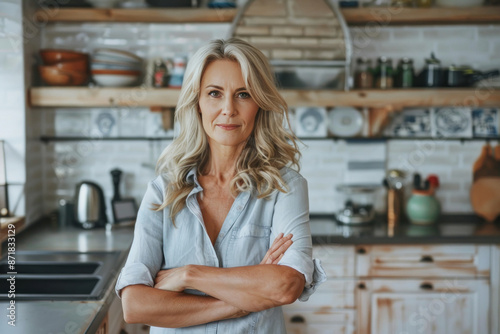 stylish confident woman standing at modern kitchen