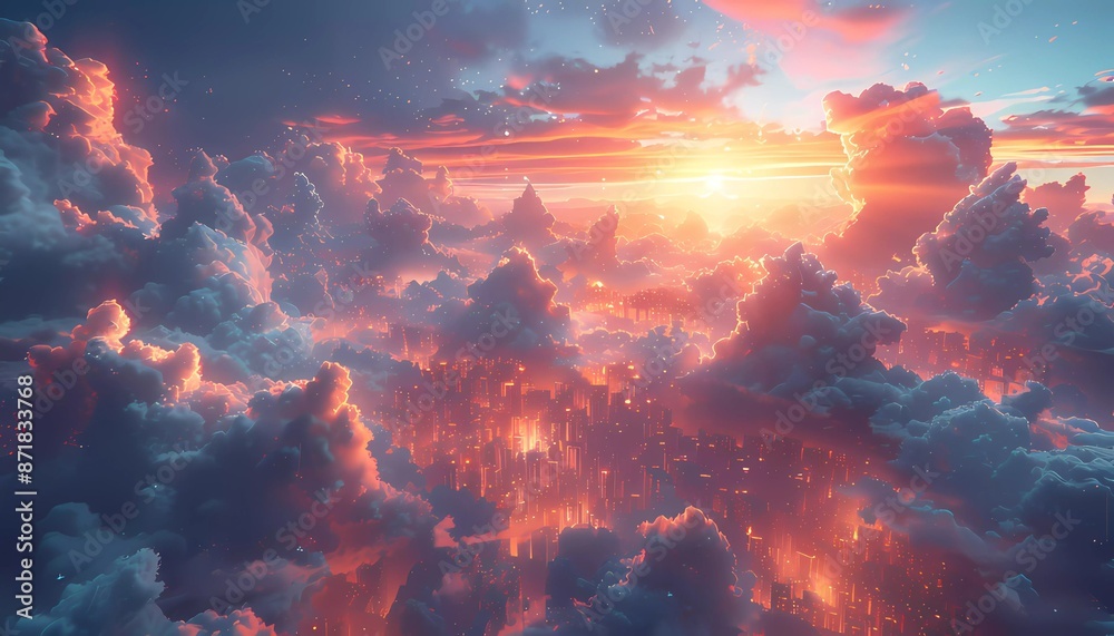 Fototapeta premium Digital Cloudscape: The Infinite Library, surreal landscape where clouds transform into digital shelves storing documents of various shapes and sizes