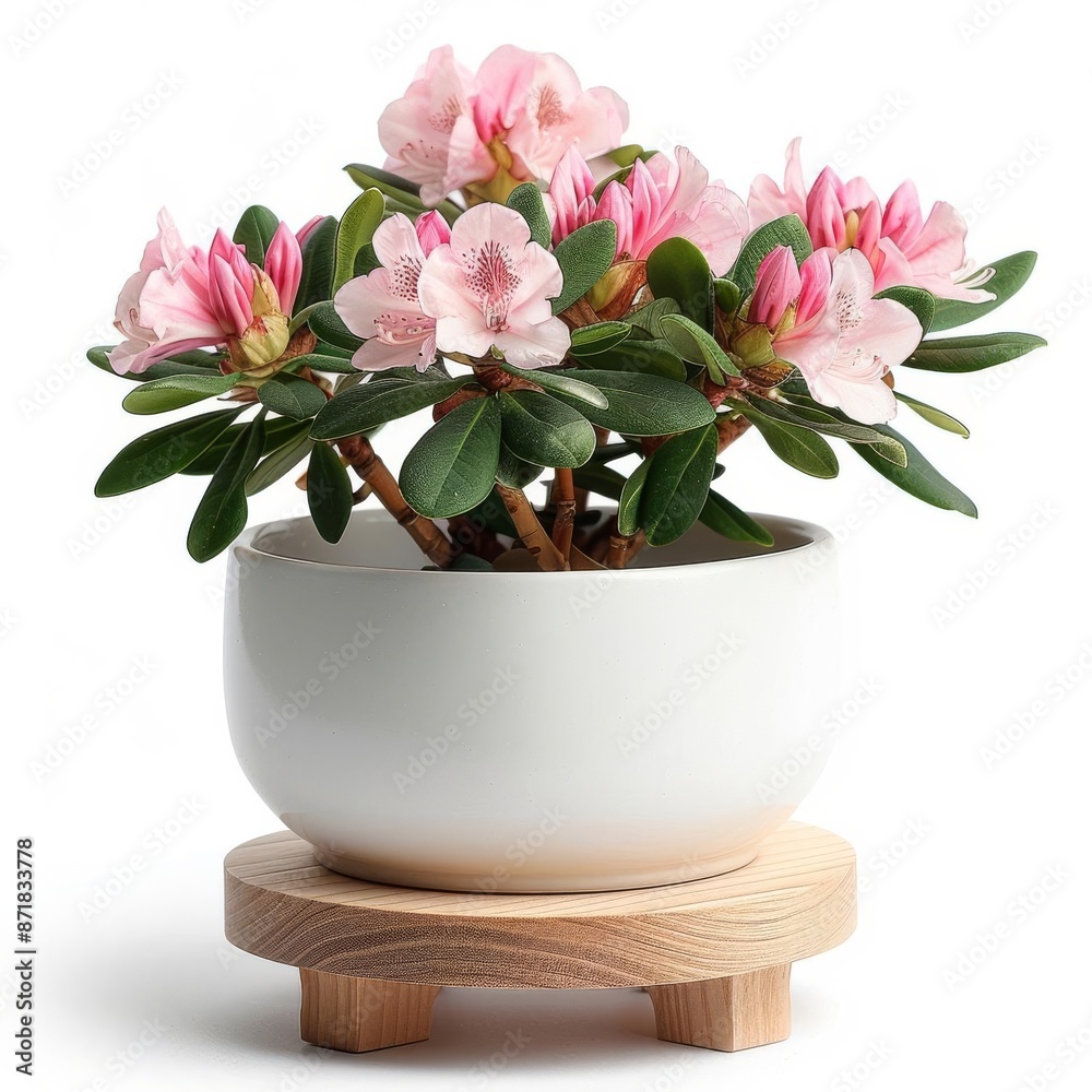 Flower stand with light wood and minimalist Scandinavian design featuring white lilies isolated on a solid white background Flower stand with light wood and minimalist Scandinavian design featuring white lilies isolated on a solid white background