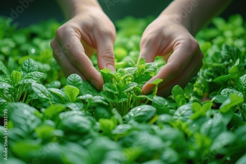 Hands tenderly nurturing vibrant green mint plants, symbolizing organic gardening and the personal touch in sustainable food growth