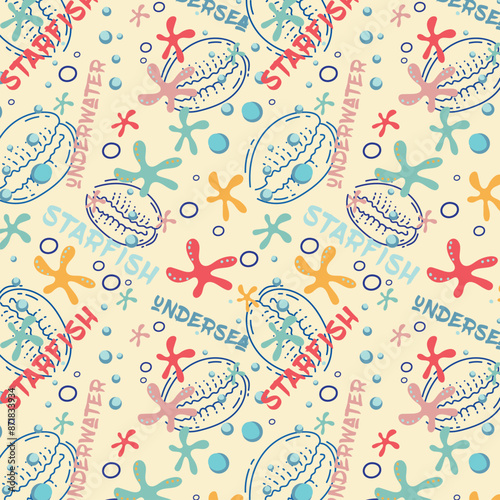 Abstract drawing of starfish and shells underwater. Vector Pattern with bubbles, shells and sea inhabitants of the underwater depths.  Seamless pattern for fabric, textile, wallpaper, cards.
