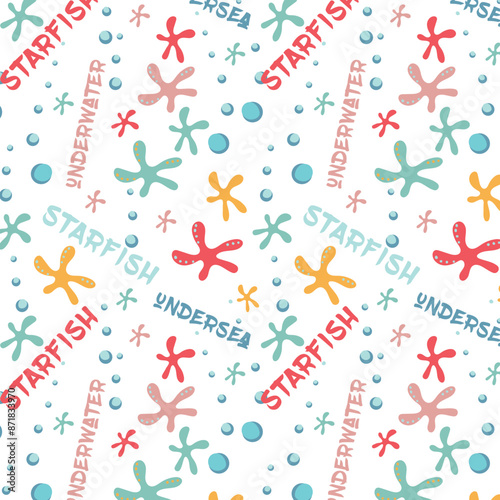 Undersea world. Abstract drawing of starfish underwater. Vector Pattern with bubbles and sea inhabitants of the underwater depths.  Seamless pattern for fabric, textile, wallpaper, cards.