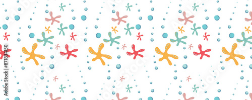 Undersea world. Abstract drawing of starfish underwater. Vector Pattern with bubbles and sea inhabitants of the underwater depths.  Seamless pattern for fabric, textile, wallpaper, cards.