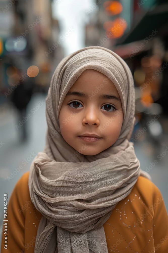 Curious Muslim girl in hijab peering into camera on city street Curious Muslim girl in hijab peering into camera on city street