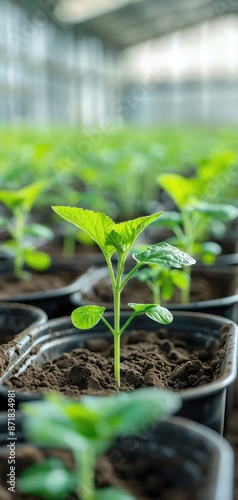 Close-up of young seedlings growing in pots in a greenhouse, showcasing the nurturing environment and healthy plant growth. © Mind