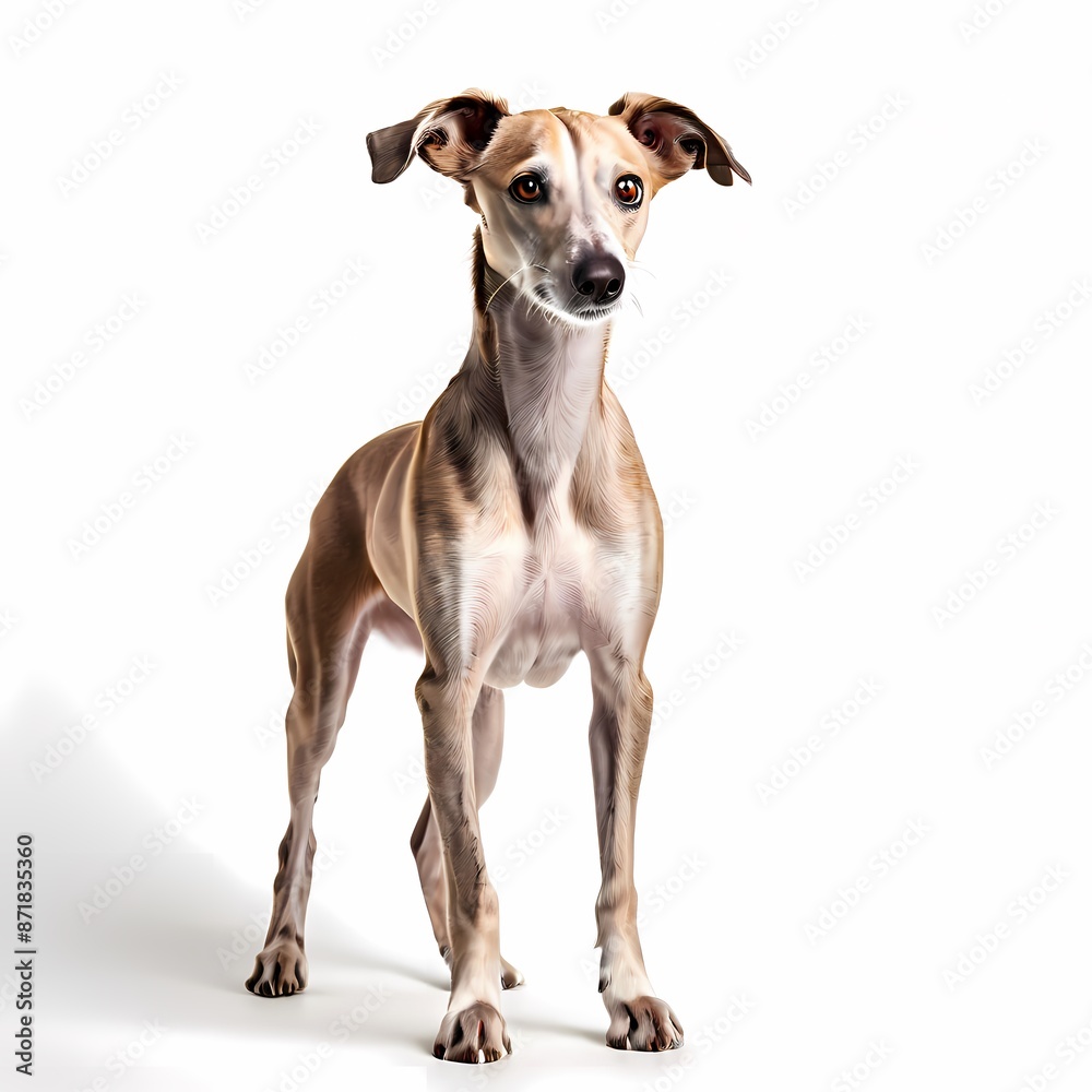 Whippet dog breed standing against white background, AI Generated Whippet dog breed standing against white background, AI Generated