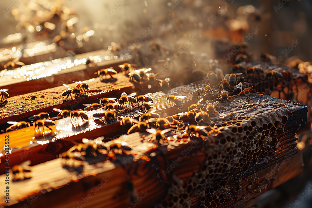 Sunlit Beehive with Flowing Honey and Busy Bees Sunlit Beehive with Flowing Honey and Busy Bees