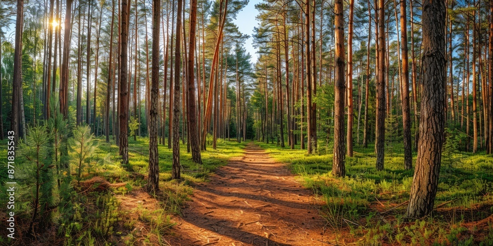 Obraz premium Sunlit pathway through a tranquil forest in springtime