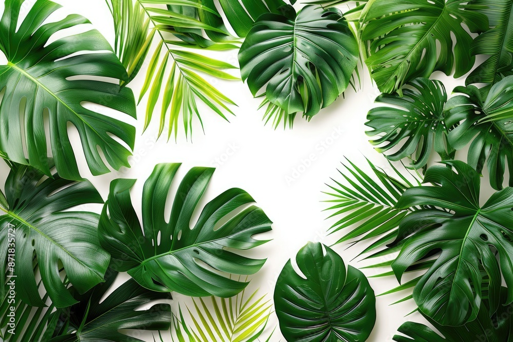 Variety of lush green tropical leaves on a white background. Variety of lush green tropical leaves on a white background.
